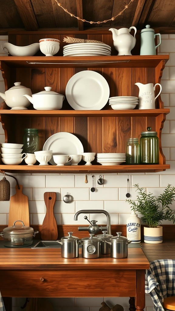 Rustic farmhouse kitchen with open wooden shelves displaying white dishes and green plants.