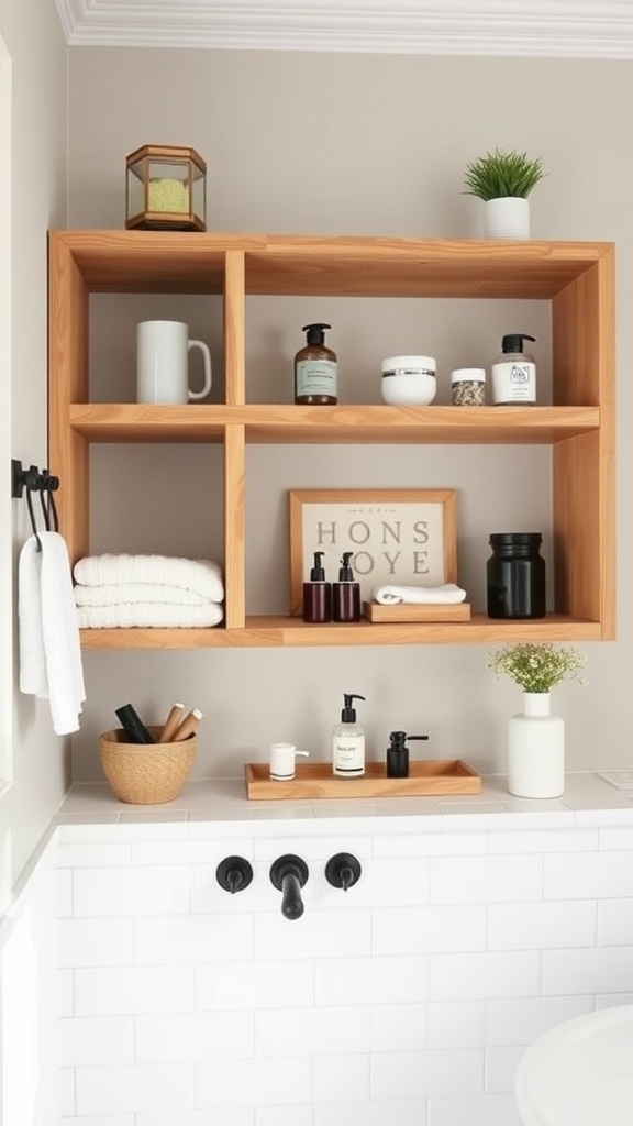 Open wooden shelving displaying towels, toiletries, and decorative items in a modern farmhouse bathroom.