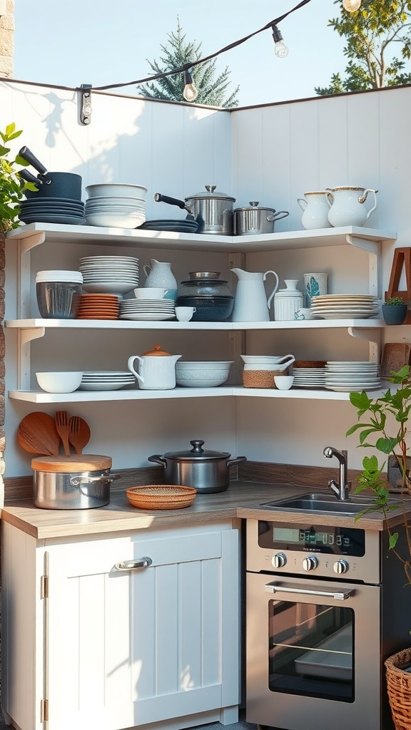 An outdoor kitchen with open shelving displaying various cookware and dinnerware.