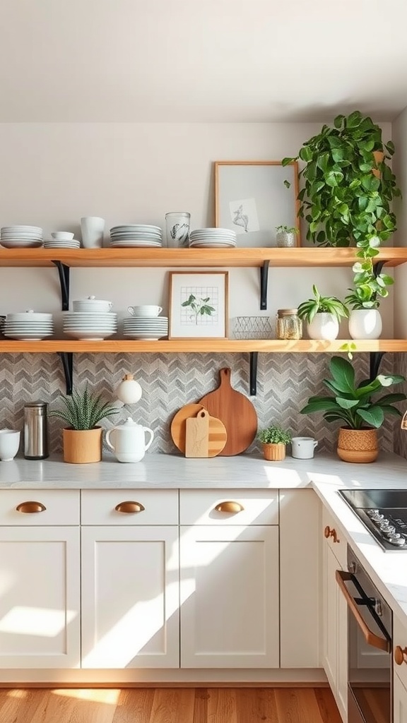 A modern kitchen featuring open wooden shelves with dishware and plants, creating a cozy atmosphere.