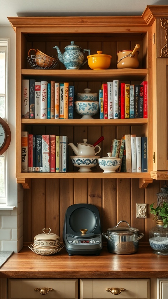 Open shelving displaying colorful cookbooks and charming kitchenware in a cozy cottage kitchen.