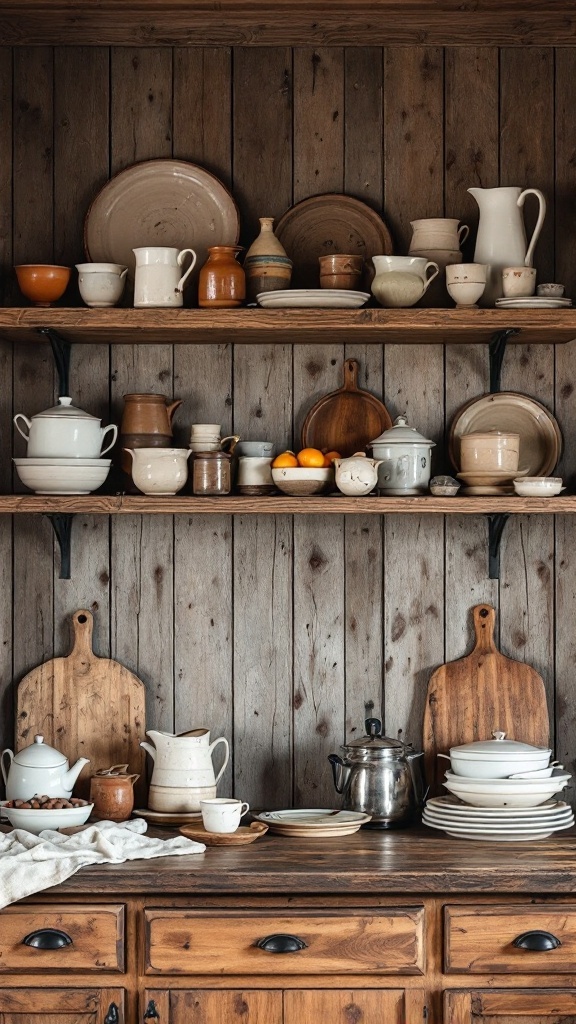Open shelving in a cozy cabin kitchen displaying handcrafted pottery and rustic tableware.