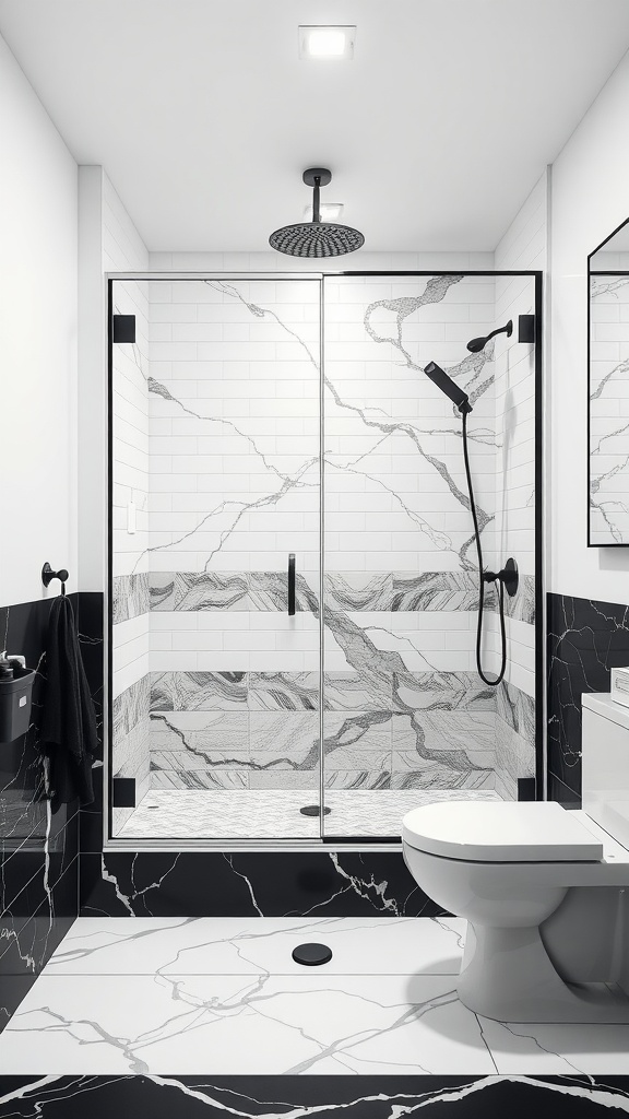 Modern black and white open shower with glass enclosure and stylish fixtures.