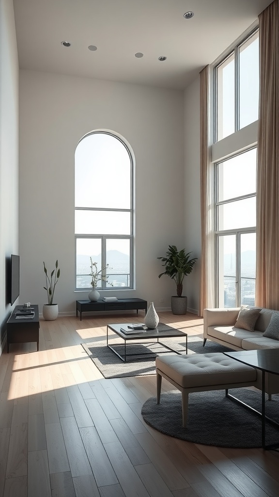 A minimalist living room with large windows, stylish furniture, and a bright, open atmosphere.