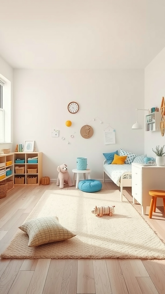 A minimal kids bedroom with an open space for play, featuring soft rugs, colorful pillows, and organized shelves.