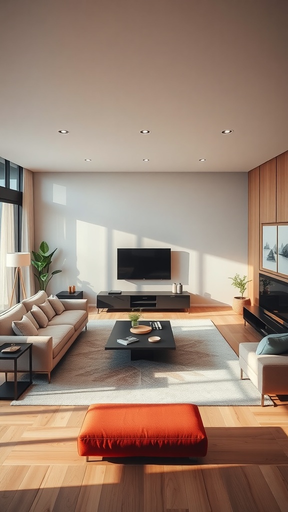 A modern Korean living room with clean lines, natural light, neutral colors, and a pop of red from an ottoman.