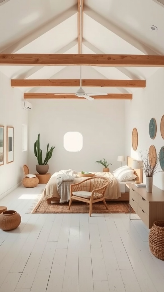 A minimal boho bedroom with wooden beams, natural light, and a simple layout.