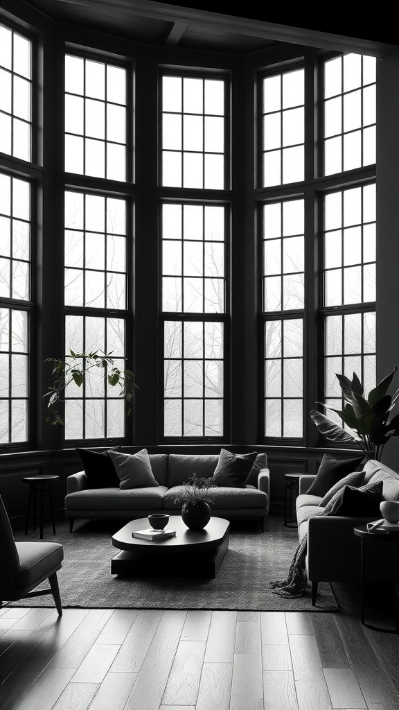 A modern living room featuring large black framed windows, light-colored sofas, and decorative plants.