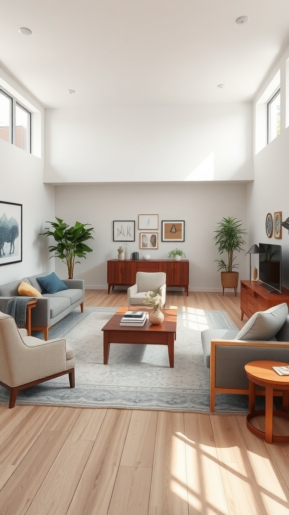 A spacious 70s style living room featuring casual seating, wooden furniture, and plants.