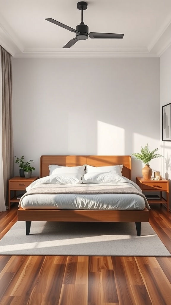 A cozy bedroom with a central bed, nightstands, and natural light.