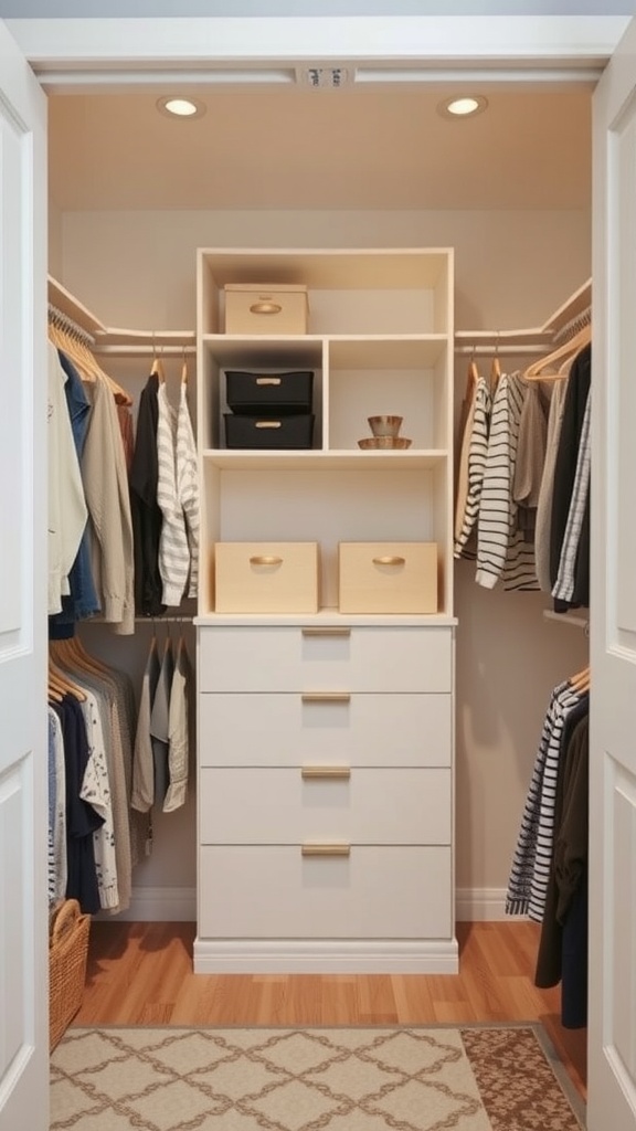 A well-organized closet featuring hanging clothes, storage boxes, and a dresser.