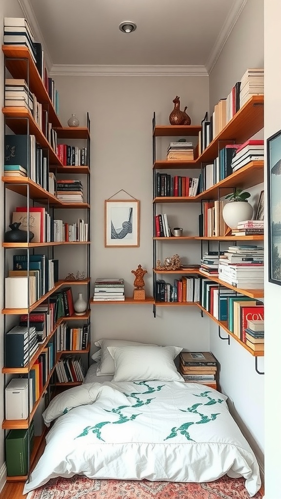A narrow bedroom featuring floor-to-ceiling shelves filled with books, a bed at the bottom, and decorative items.