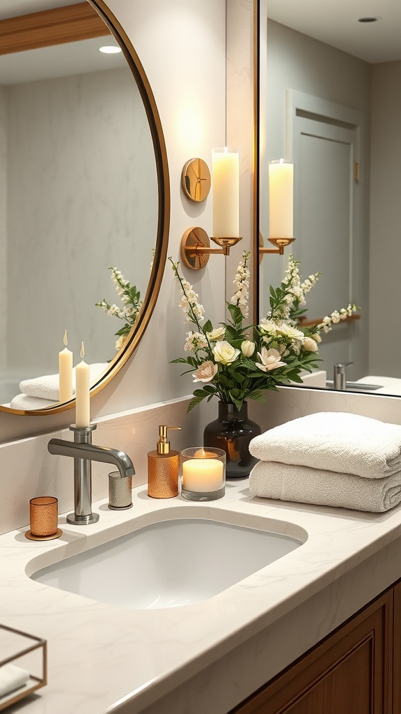 Luxurious bathroom decor featuring a round mirror, elegant faucet, candles, and fresh flowers.