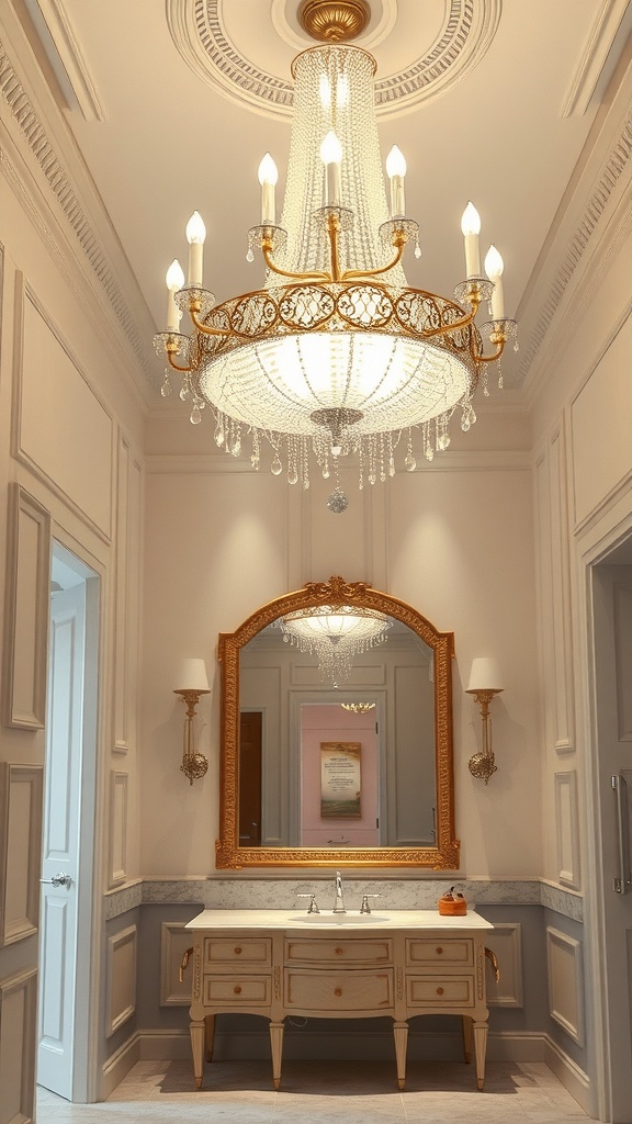 A luxurious bathroom with a grand chandelier and elegant wall sconces.