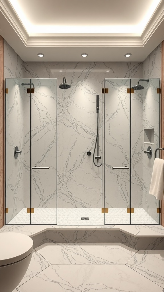 A modern luxurious shower nook featuring marble walls and multiple showerheads.