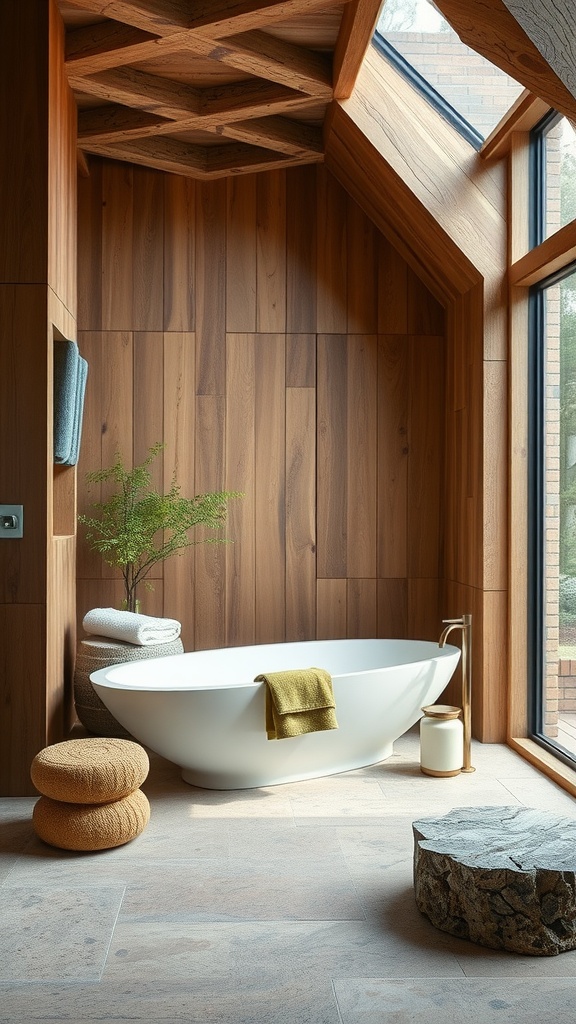 Modern luxury bathroom featuring wooden panels, a freestanding bathtub, and natural elements.