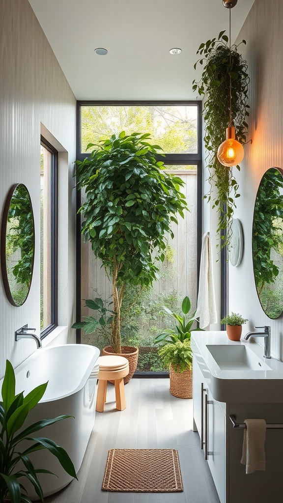 A modern guest bathroom featuring large windows, plants, and natural light.