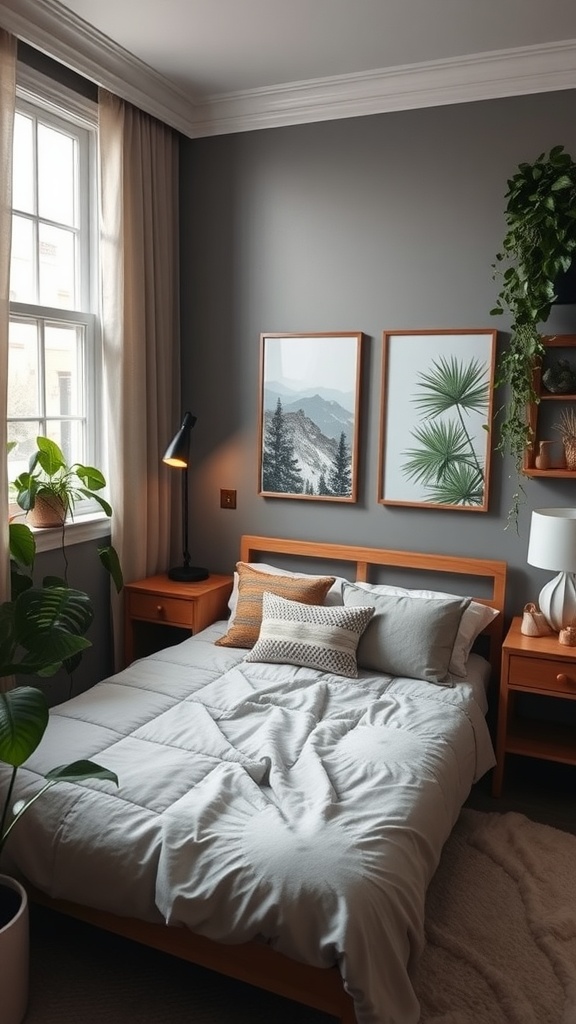 A cozy bedroom with gray walls, wooden furniture, and nature-inspired decor including plants and artwork.