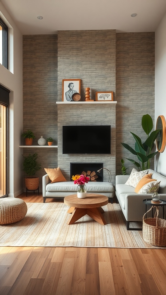A cozy living room with green plants, warm wood tones, and natural decor elements.