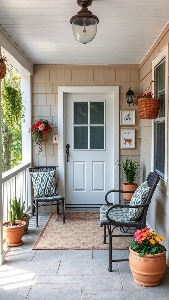 A small back porch with cozy seating, potted plants, and outdoor artwork displays.