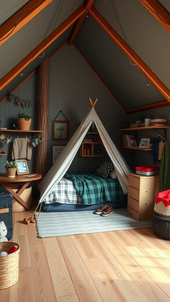 A cozy bedroom designed like an outdoor camping retreat, featuring a tent, wooden furniture, and natural decor.