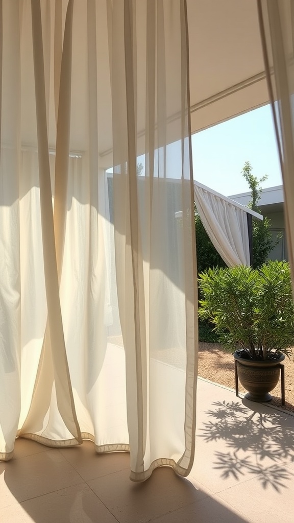 Light, sheer outdoor curtains hanging in a covered patio, providing shade and privacy.
