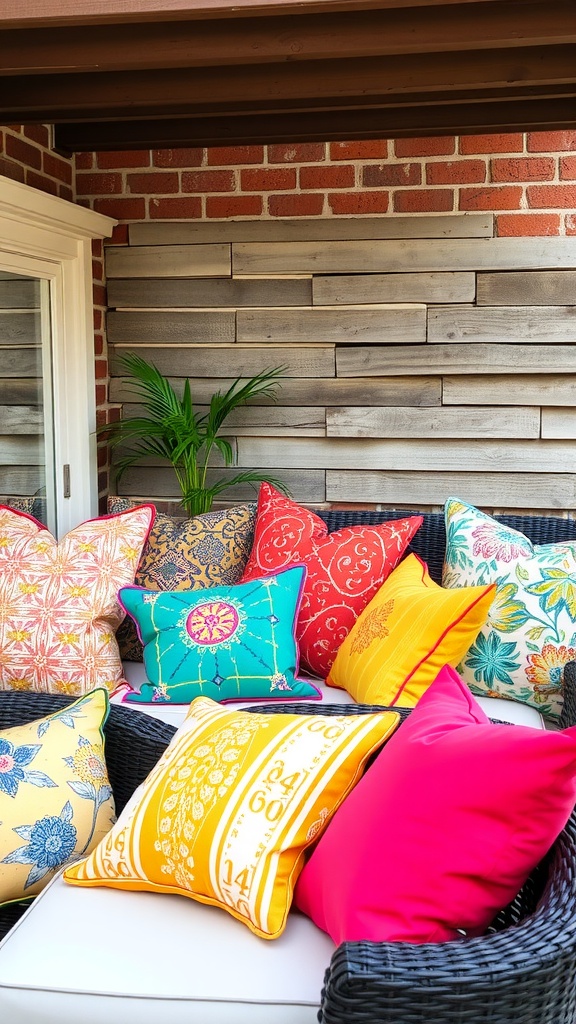 A collection of colorful outdoor cushions and throw pillows on a patio sofa.