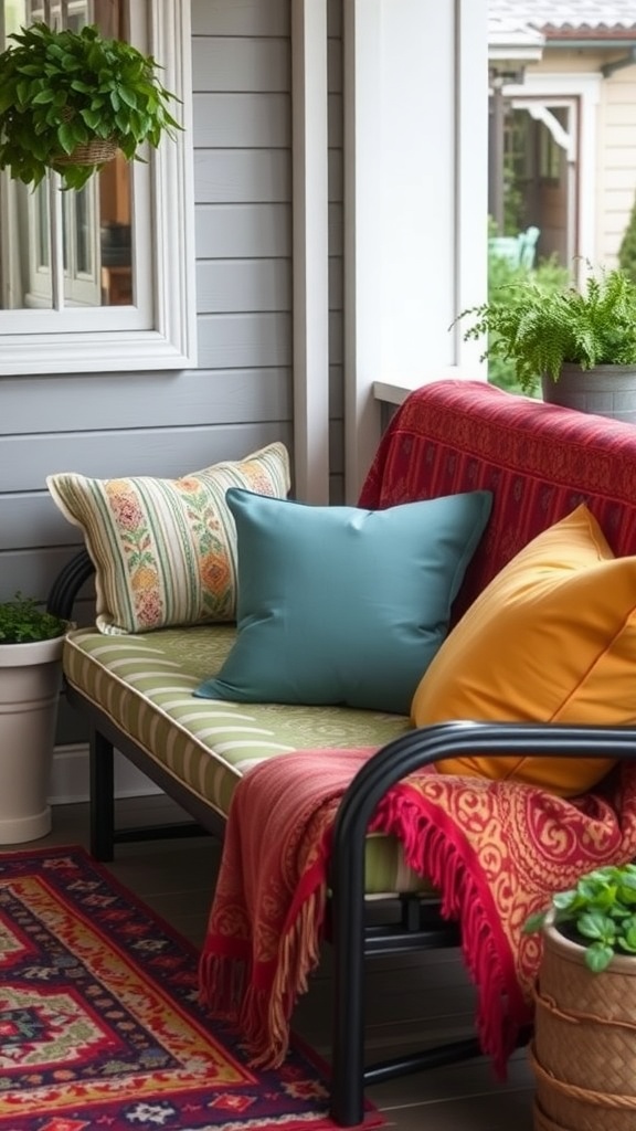 A cozy small porch with colorful outdoor cushions and a warm throw.