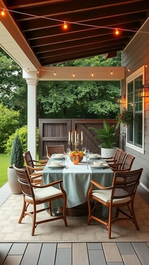 A cozy outdoor dining area on a back porch with a round table, stylish chairs, and string lights.