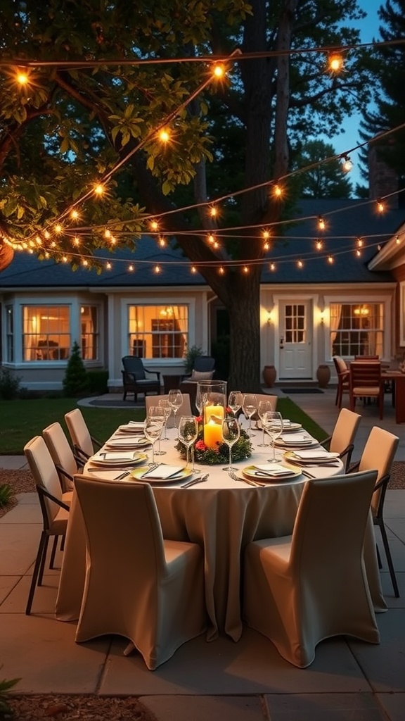 An outdoor dining area with a round table set for dinner, illuminated by string lights and a candle centerpiece.
