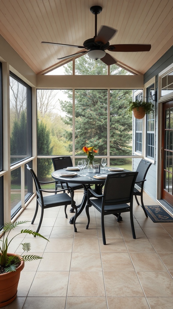 Stylish outdoor dining area with black table and chairs in a screened-in porch