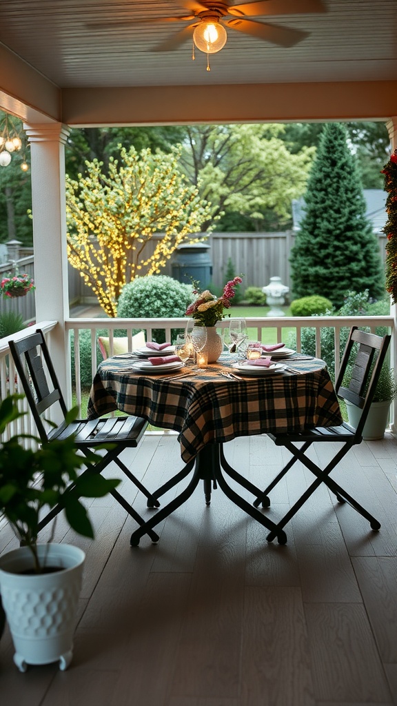 An outdoor dining setup featuring a plaid tablecloth, candles, and lush greenery.