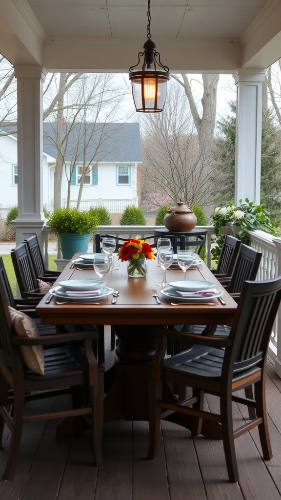 Elegant outdoor dining space with a wooden table set, flower centerpiece, and surrounding greenery.