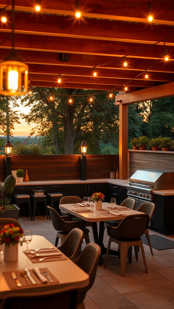 A cozy outdoor kitchen and dining area with mood lighting, set for an evening meal