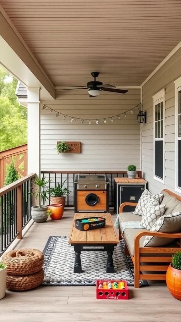 Cozy mobile home back porch with seating, grill, and plants