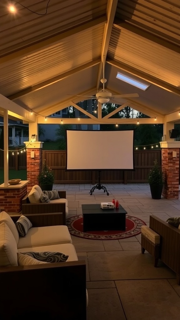Cozy outdoor entertainment setup with seating, a coffee table, and a projector screen under a covered patio.