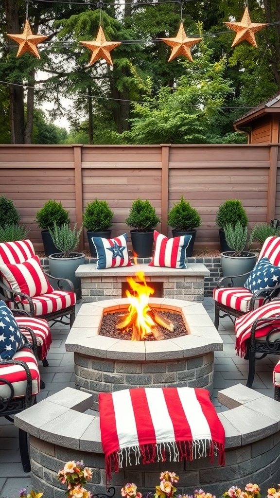 A decorated outdoor fire pit area for Fourth of July with red, white, and blue cushions, star-shaped lights, and greenery.