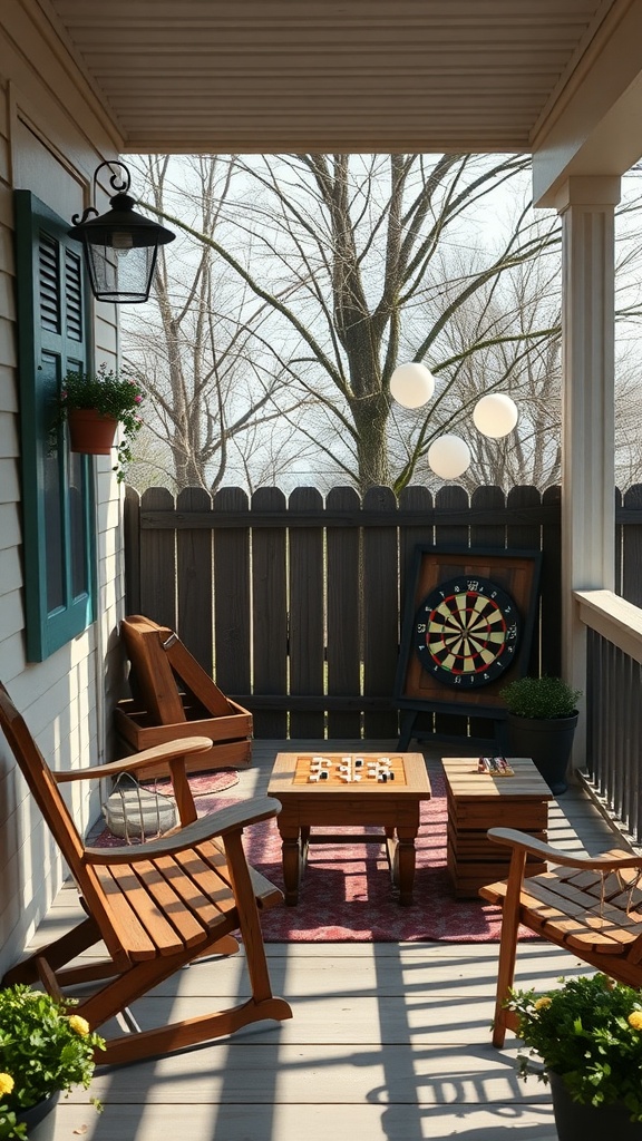 A small porch with a dartboard, checkers table, and wooden rocking chairs.