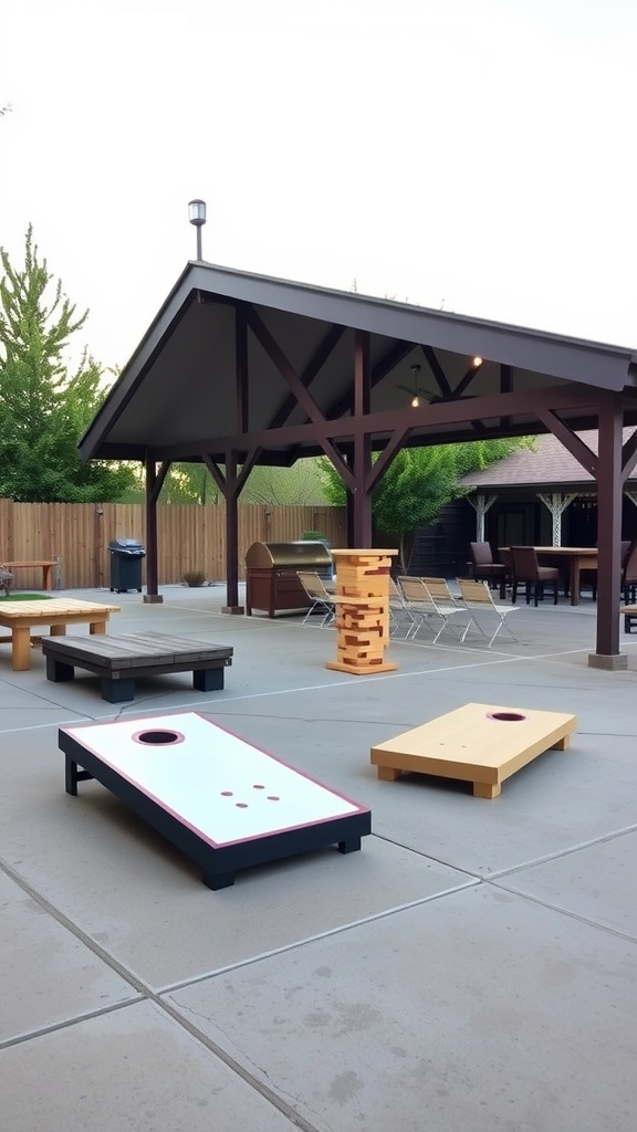 A covered patio with cornhole and giant Jenga games set up for outdoor fun.
