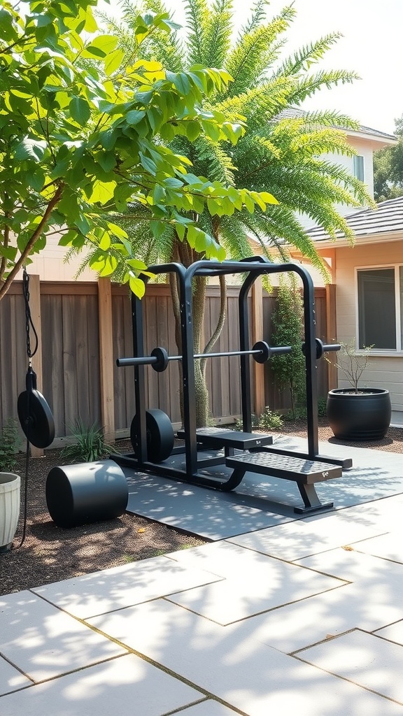 An outdoor gym setup featuring a squat rack and weights surrounded by greenery.