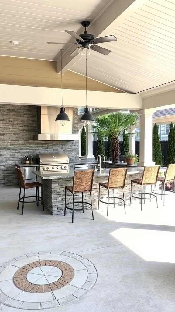 Stylish outdoor kitchen with a grill, bar stools, and palm tree