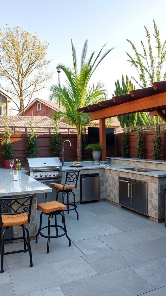 Stylish outdoor kitchen setup with grill, bar stools, and surrounding greenery.