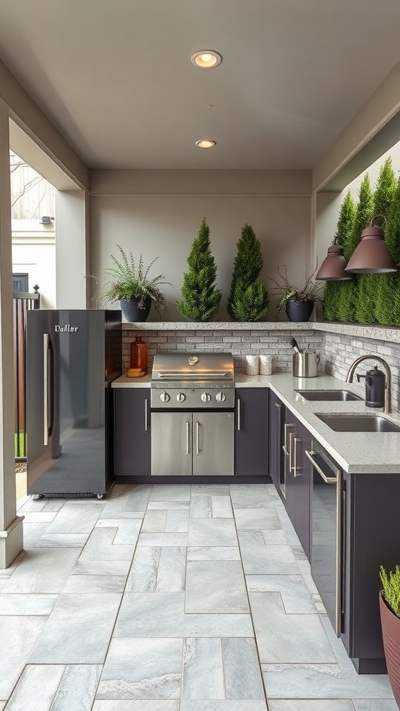 Stylish outdoor kitchen featuring a grill, refrigerator, and greenery.