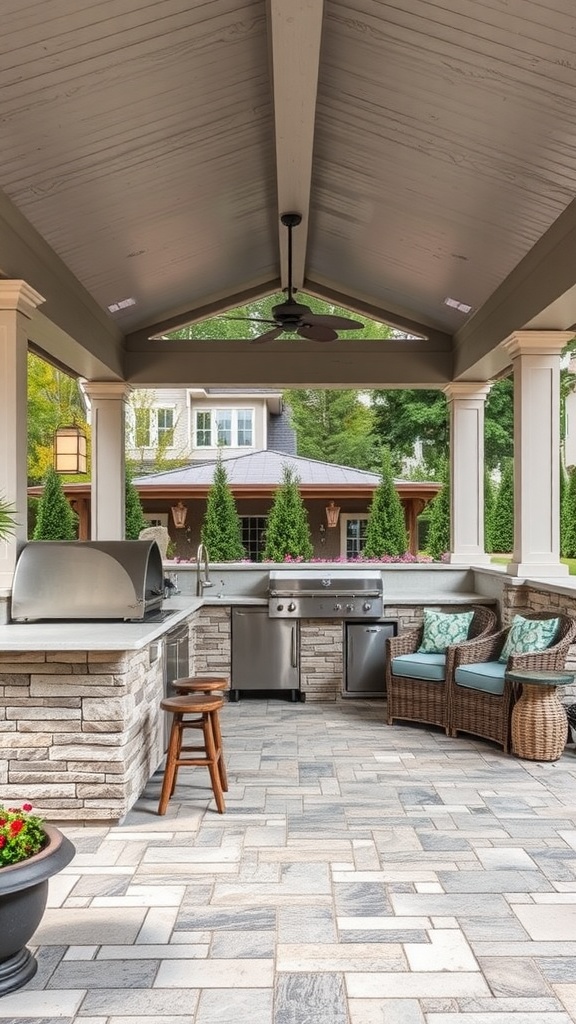 A stylish outdoor kitchen with a grill, counter space, and seating area under a covered patio.