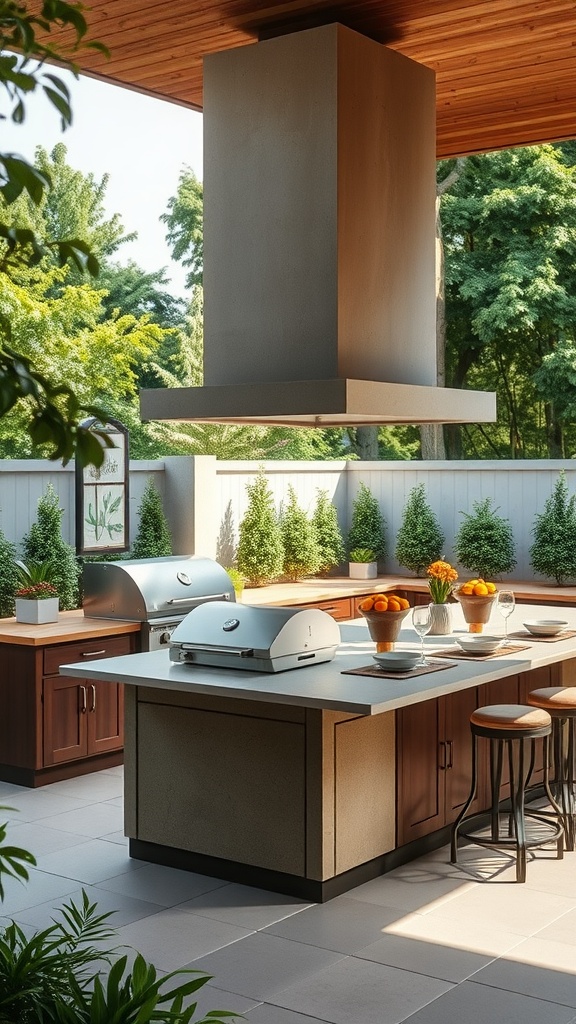 A modern outdoor kitchen island with a grill, bar stools, and fruit bowls in a lush garden setting.