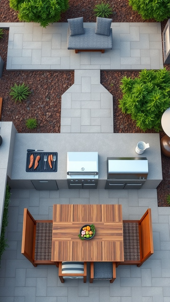 Aerial view of a rustic outdoor kitchen layout with a grill, dining table, and green plants.