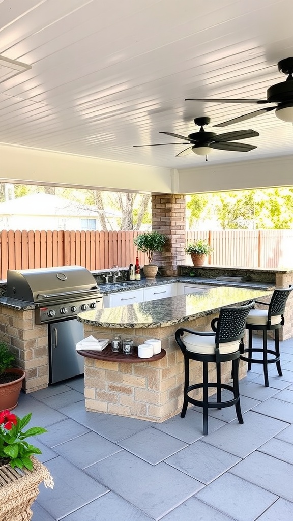 Covered back patio with an outdoor kitchen setup featuring a grill, countertop, and seating.