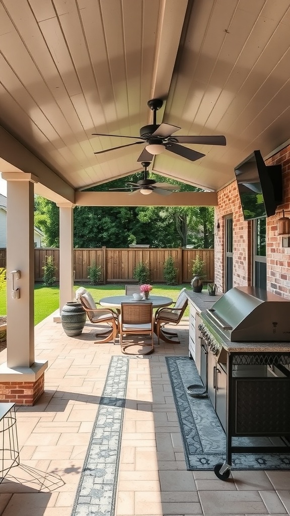 A covered patio with an outdoor kitchen setup, featuring a grill, dining table, and comfortable seating.