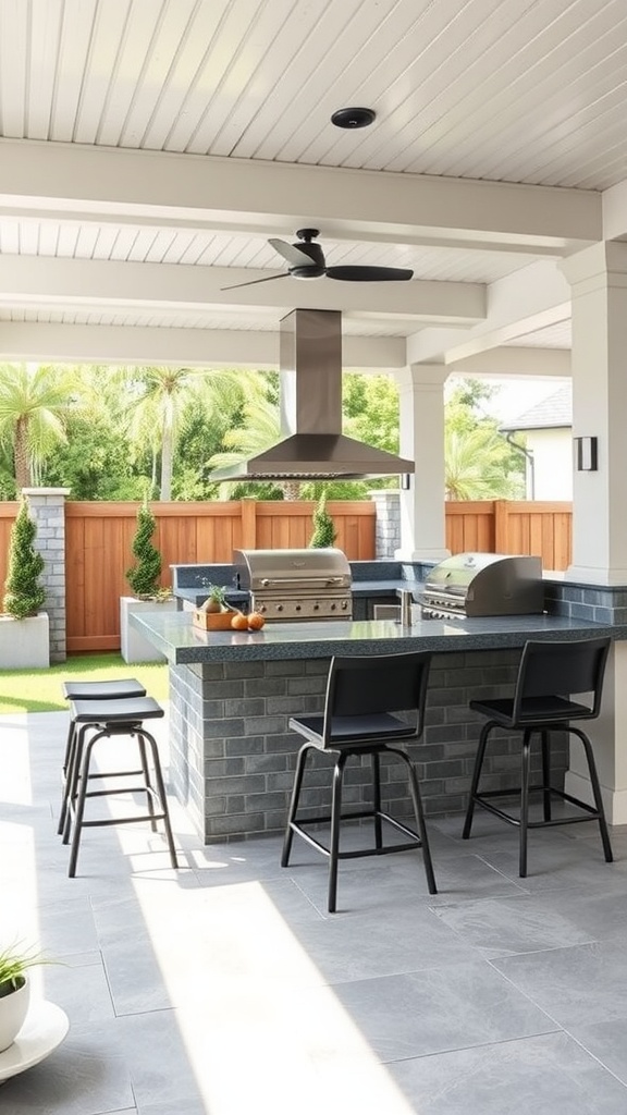 An outdoor kitchen with bar seating, featuring a grill and a covered patio.