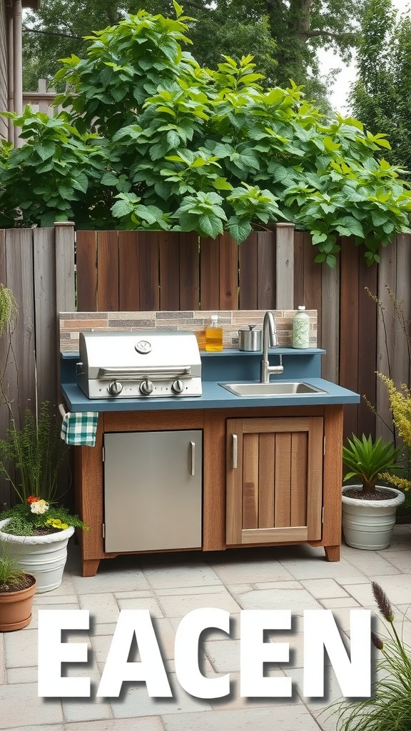An outdoor kitchenette featuring a grill, sink, and storage with greenery in the background.
